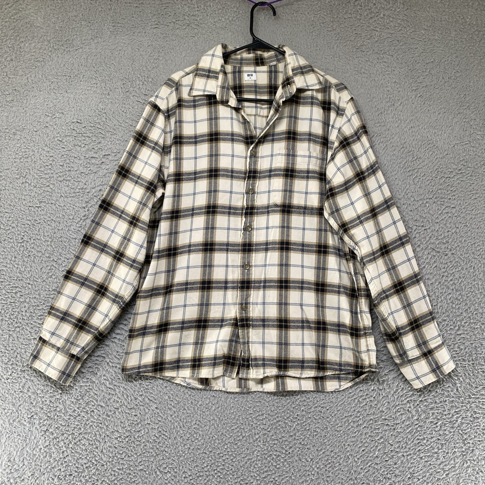 Uniqlo Flannel Plaid Shirt Mens Medium Beige Cotton Long Sleeve Button Up Fall